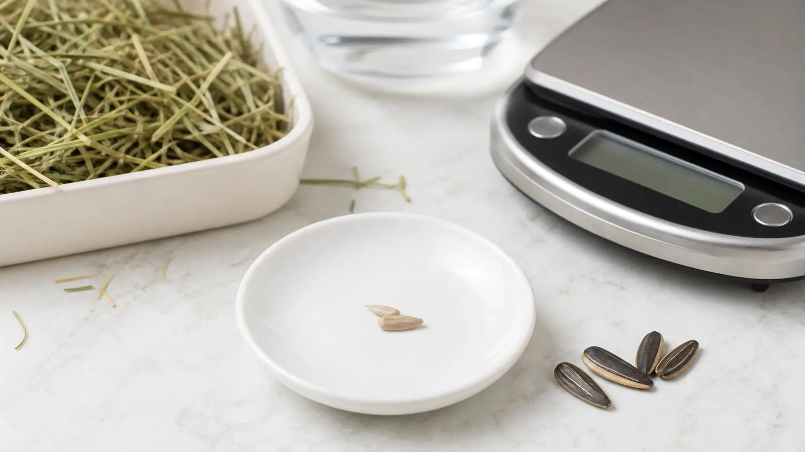 Two hulled sunflower kernels on a saucer beside whole unsalted sunflower seeds, hay, water, and a gram scale.