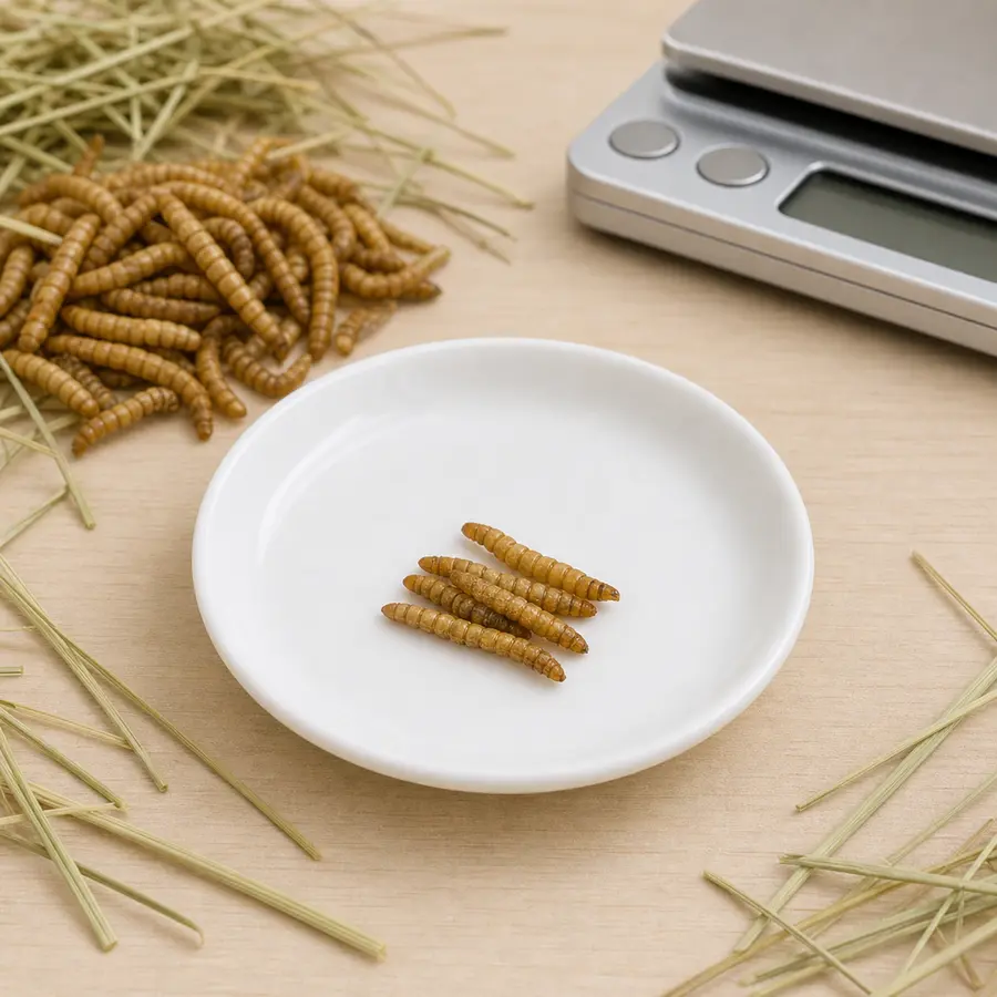 Tiny plain dried superworm portion on a saucer beside larger dried superworms, hay, and a gram scale.