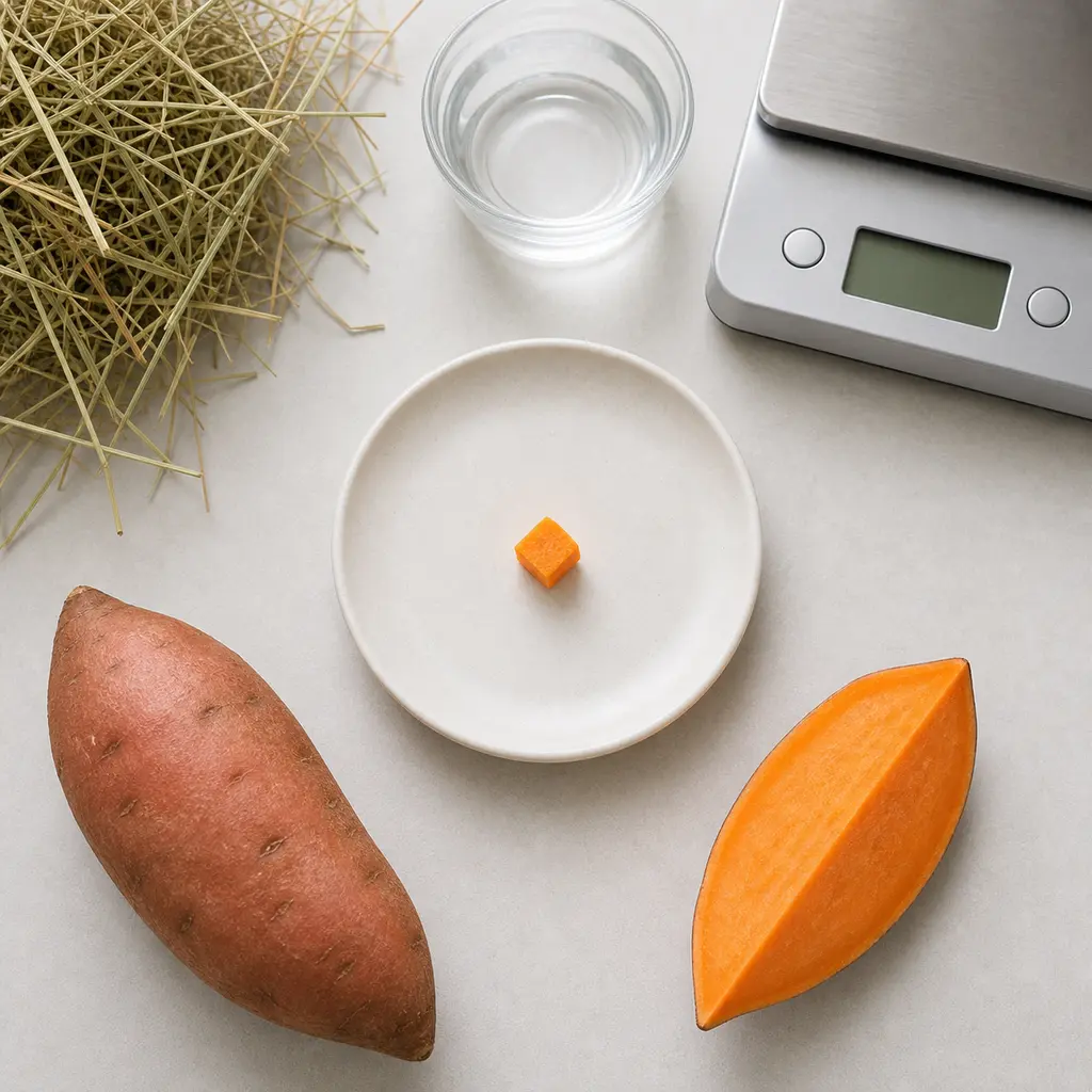 Tiny plain cooked sweet potato cube on a saucer beside a whole sweet potato, hay, water, and a gram scale.