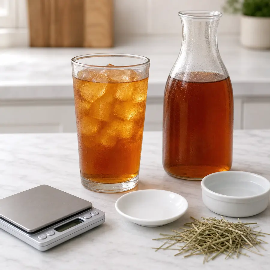 Glass and bottle of sweet tea kept away from an empty saucer, hay, water, and a gram scale.