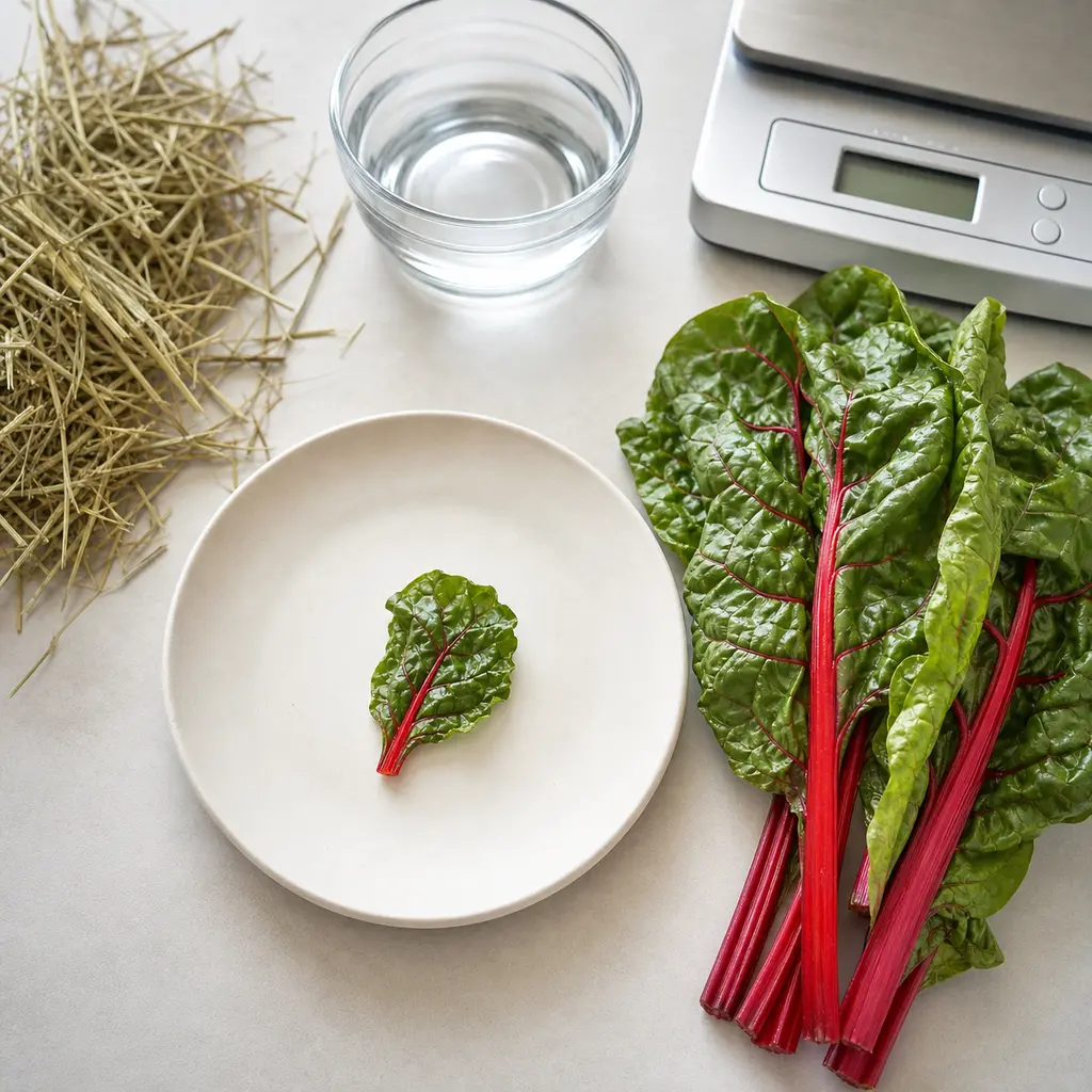 Tiny washed swiss chard leaf piece on a saucer beside fresh swiss chard leaves, hay, water, and a gram scale.