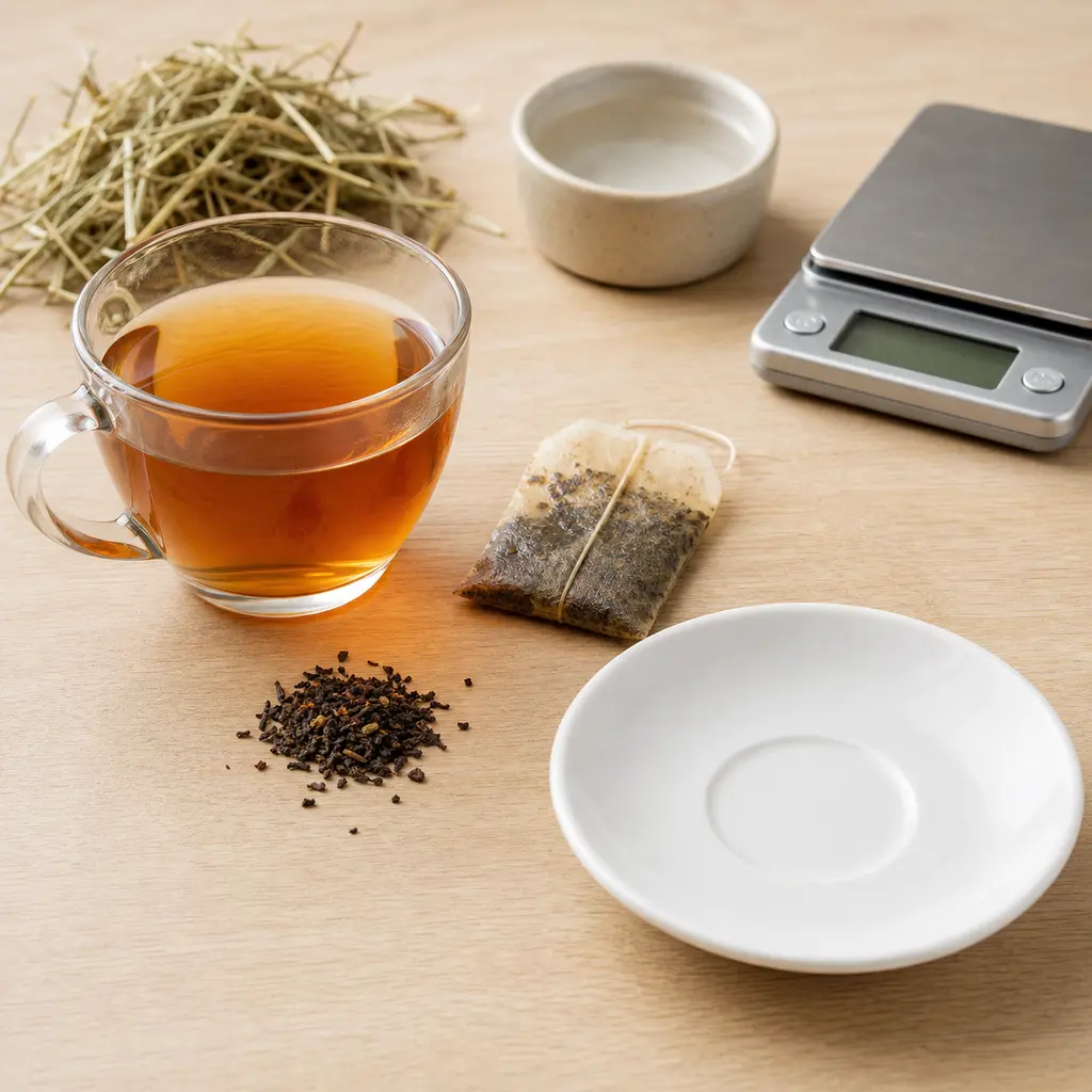 Cup of tea, tea bag, and loose tea kept away from an empty saucer, hay, water, and a gram scale.
