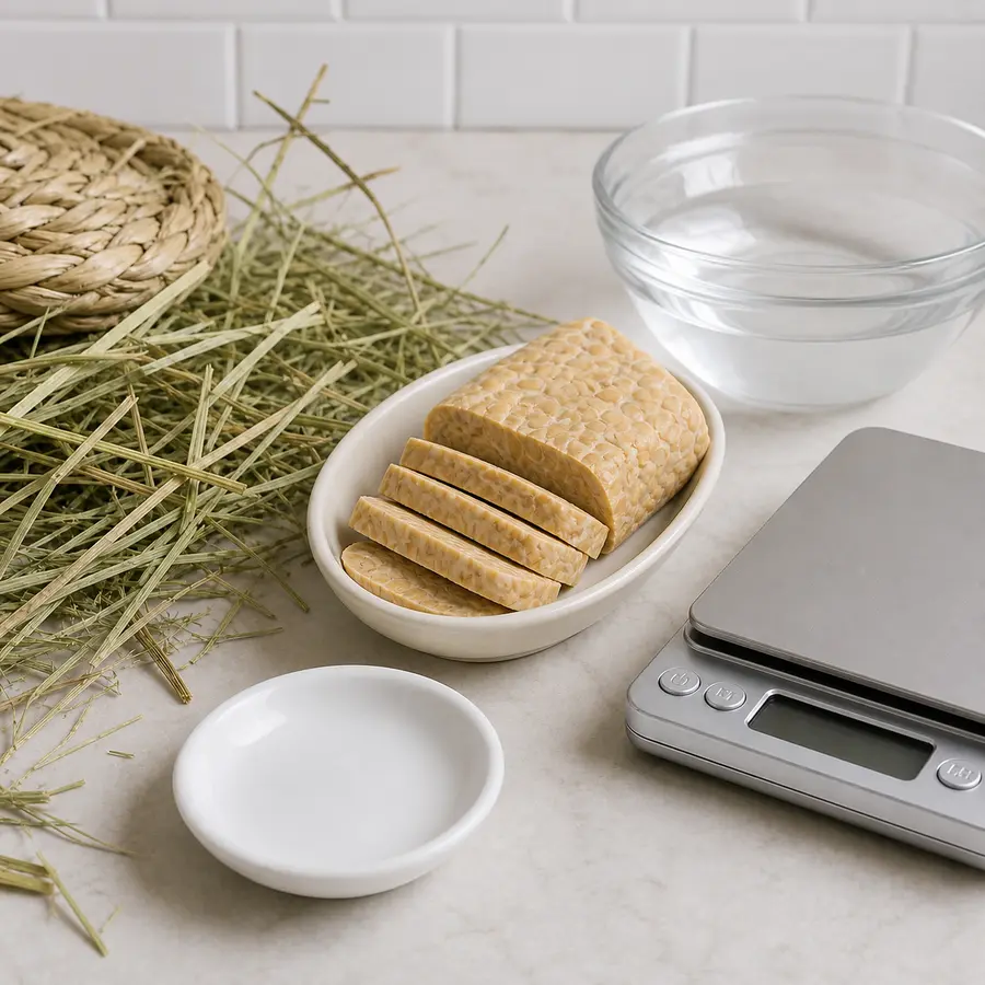 Plain tempeh slices kept away from an empty saucer, hay, water, and a gram scale.