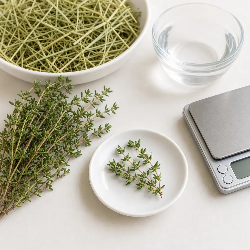 Tiny washed thyme sprig on a saucer beside fresh thyme, hay, water, and a gram scale.