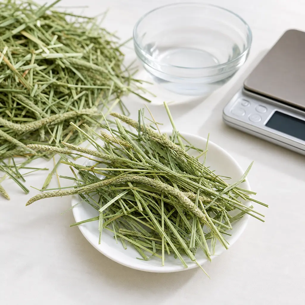 Clean green timothy hay with long stems and seed heads on a saucer beside loose hay, water, and a gram scale.