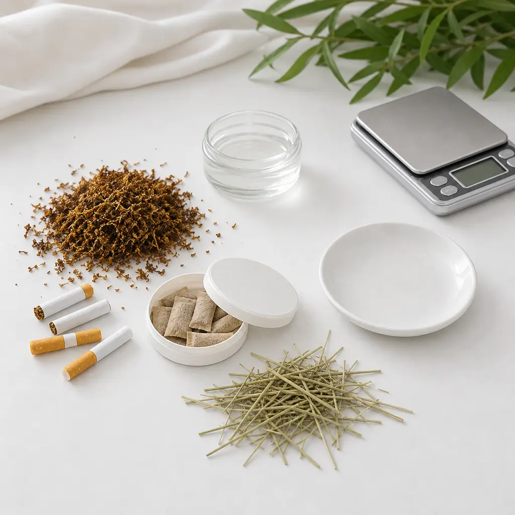 Loose tobacco, cigarette pieces, and plain nicotine pouches kept away from an empty saucer, hay, water, and a gram scale.
