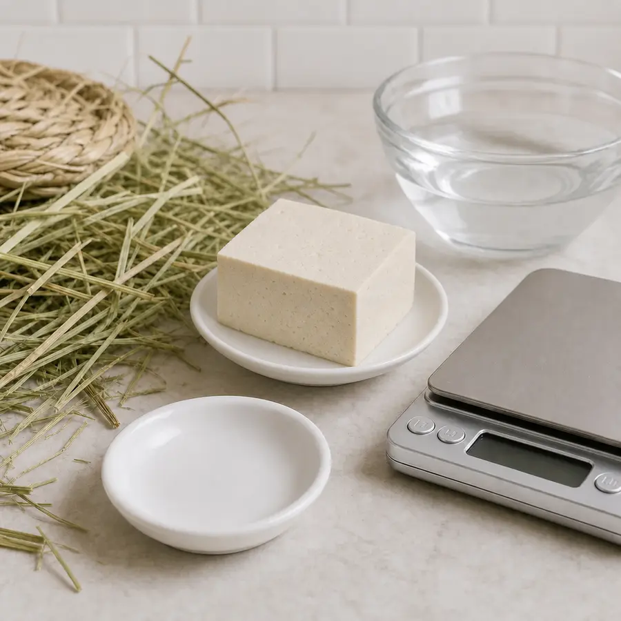 Plain tofu block kept away from an empty saucer, hay, water, and a gram scale.