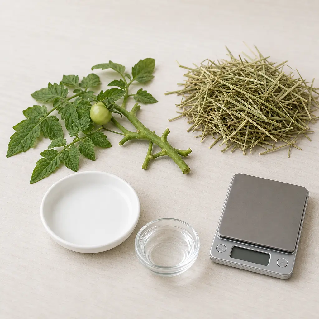 Tomato leaves, stems, and a small green tomato kept away from an empty saucer, hay, water, and a gram scale.