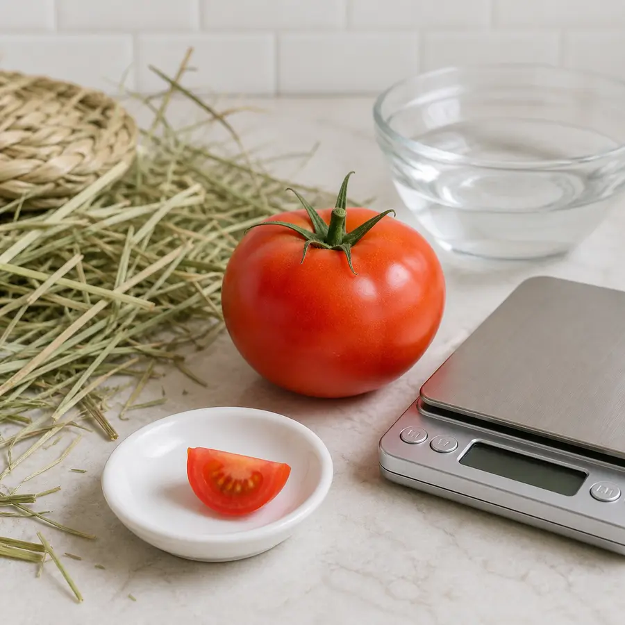 Tiny ripe tomato wedge on a saucer beside a plain tomato, hay, water, and a gram scale.