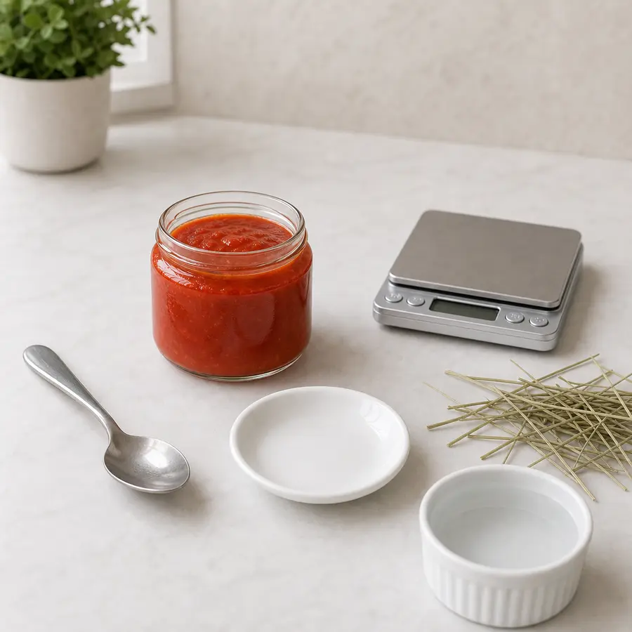 Open jar of red tomato sauce kept away from an empty saucer, hay, water, and a gram scale.
