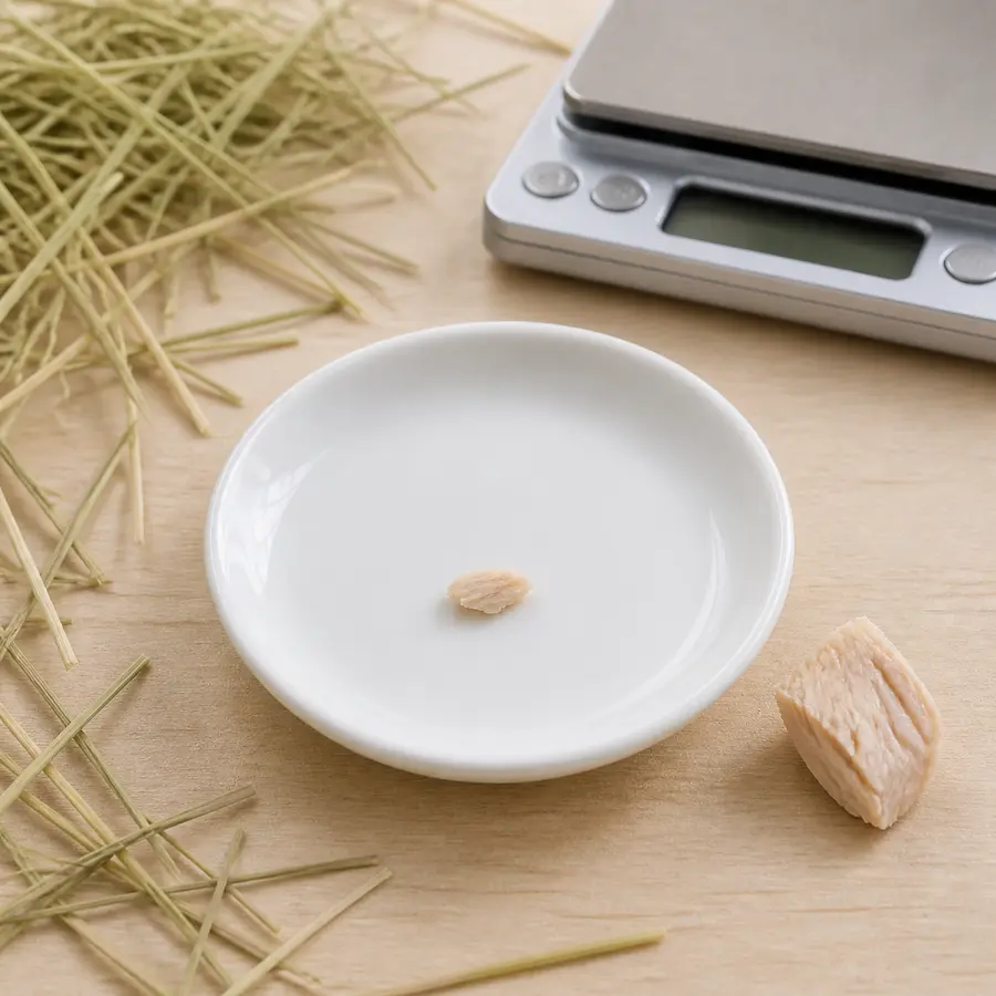 Tiny plain tuna flake on a saucer beside plain tuna, hay, and a gram scale.
