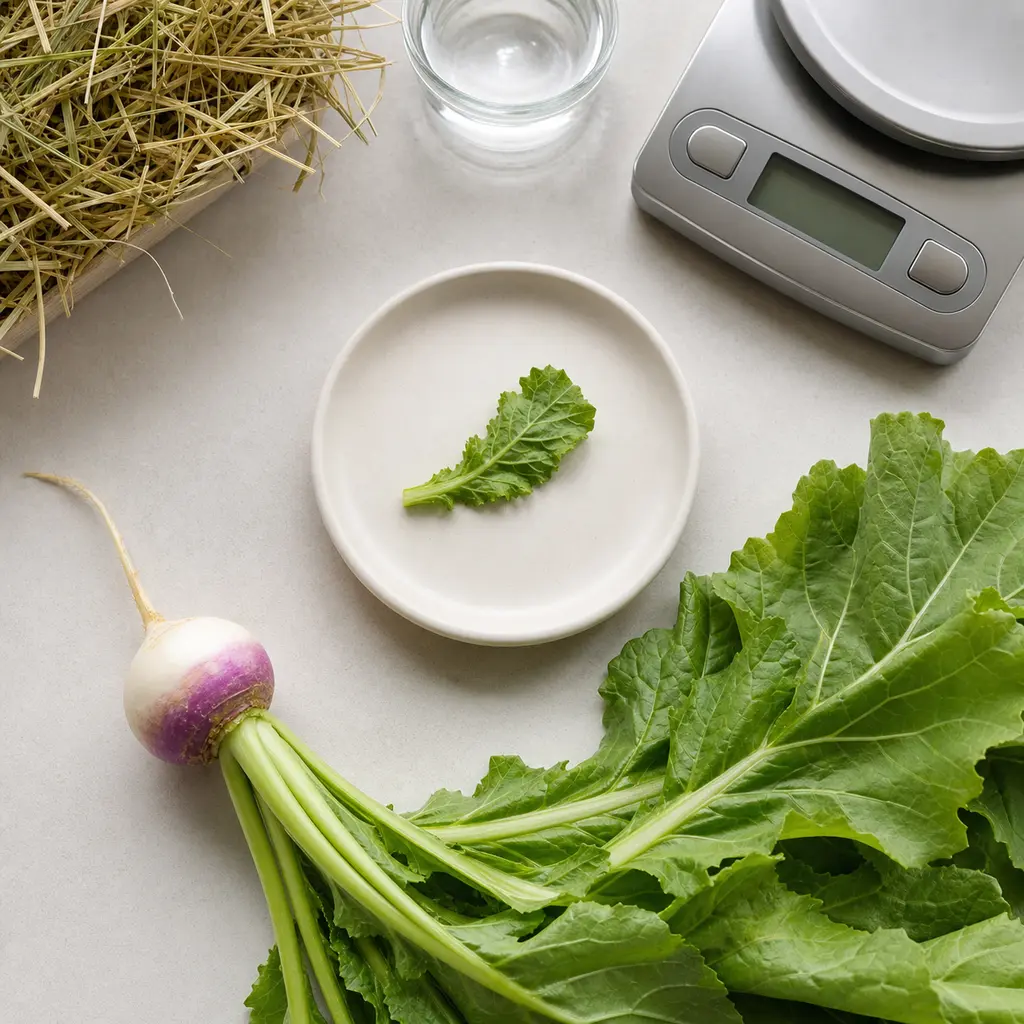 Tiny washed turnip green leaf piece on a saucer beside fresh turnip greens and a turnip root, hay, water, and a gram scale.