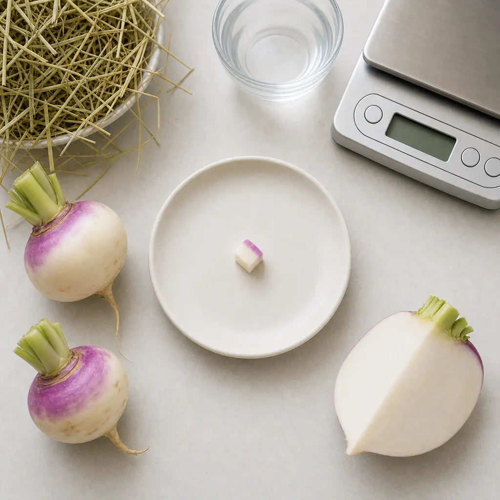 Tiny plain turnip root cube on a saucer beside fresh turnip roots, hay, water, and a gram scale.
