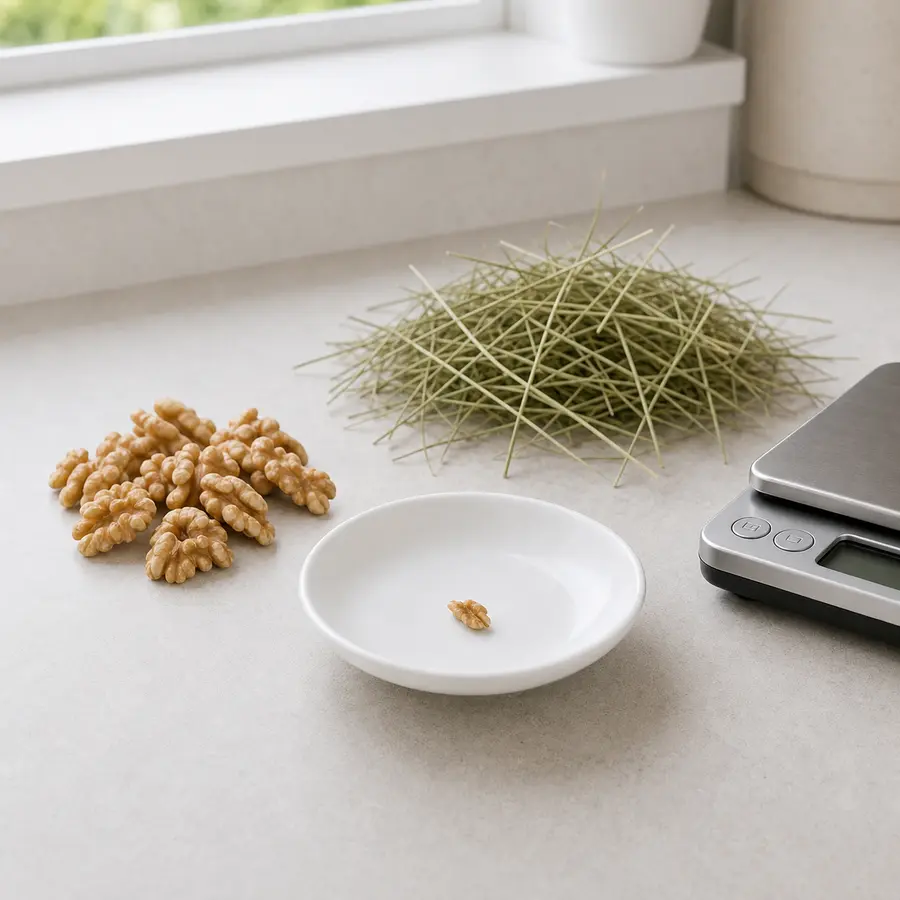 Tiny plain walnut sliver on a saucer beside plain walnuts, hay, and a gram scale.