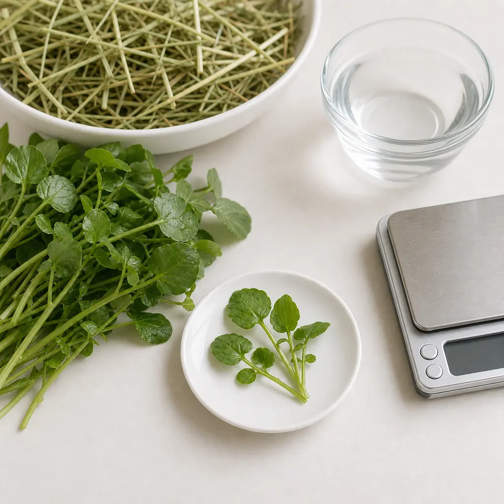Tiny washed watercress sprig on a saucer beside fresh watercress, hay, water, and a gram scale.