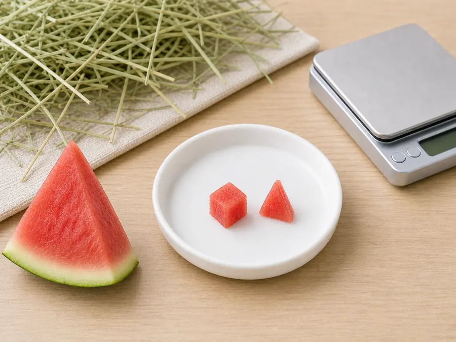 Tiny seedless watermelon cube and triangle on a saucer beside watermelon, hay, water, and a gram scale.