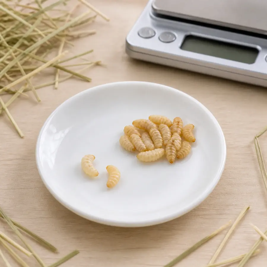 Tiny plain dried waxworm portion on a saucer beside dried waxworms, hay, and a gram scale.