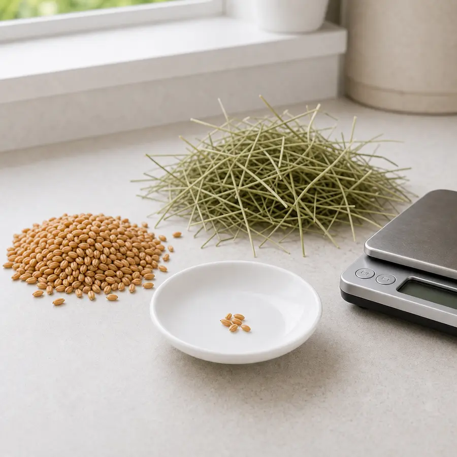 Tiny measured plain wheat berries on a saucer beside whole wheat berries, hay, water, and a gram scale.