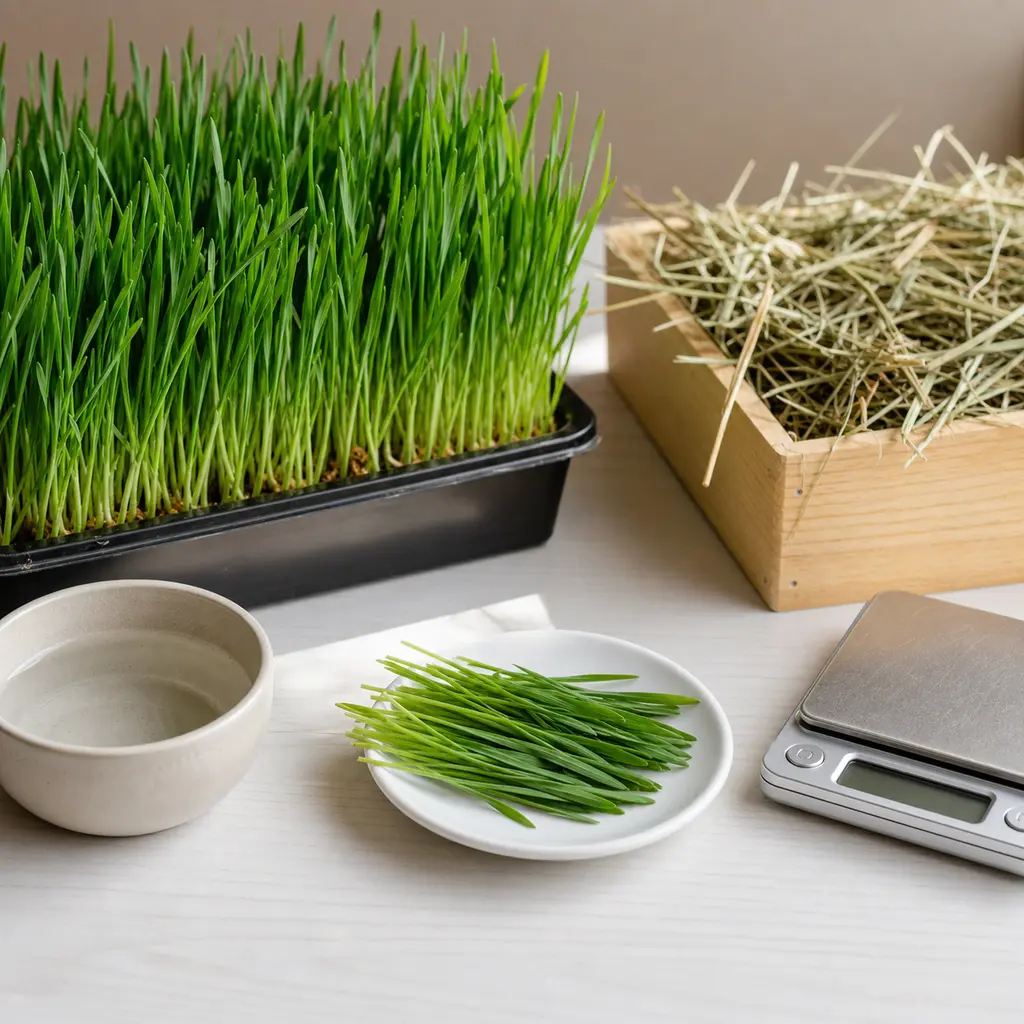 Tiny freshly cut wheatgrass blades on a saucer beside a wheatgrass tray, hay, water, and a gram scale.
