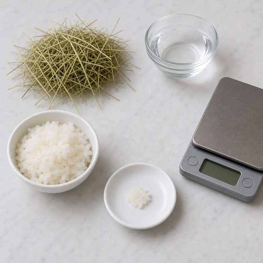 Tiny plain cooked white rice pinch on a saucer beside plain cooked white rice, hay, water, and a gram scale.