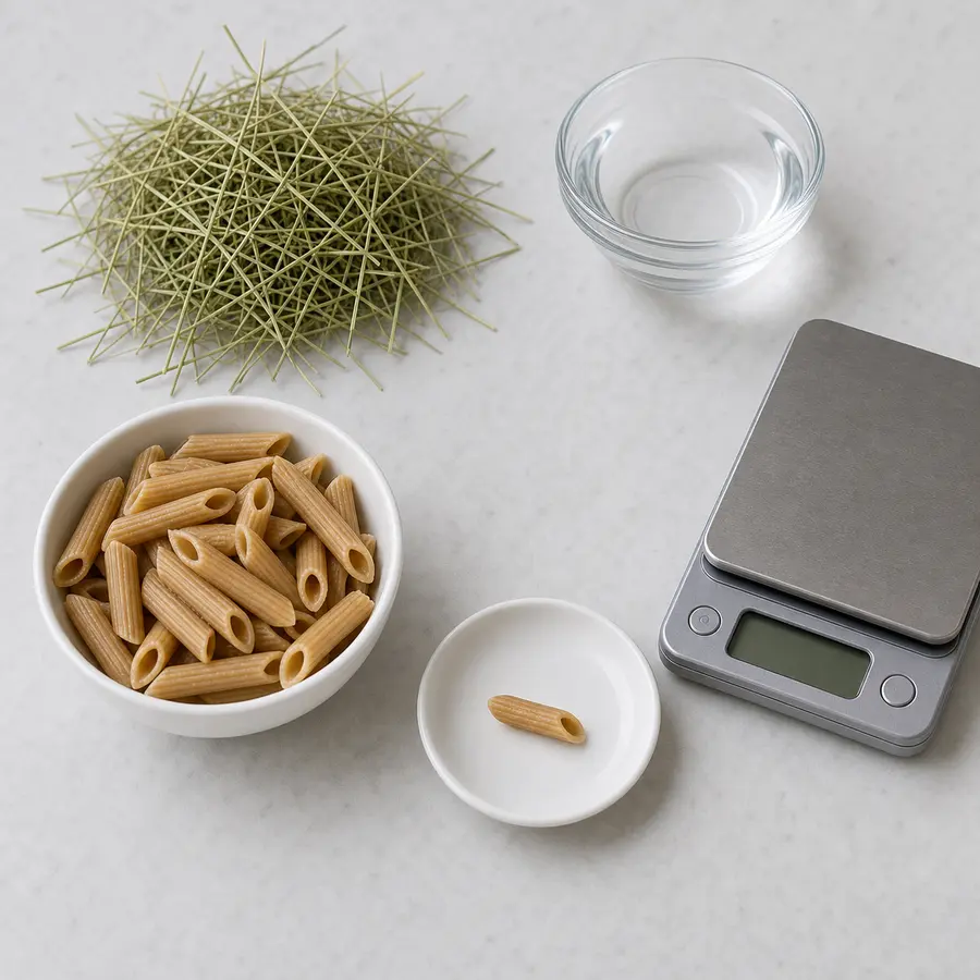 Tiny plain cooked whole wheat pasta piece on a saucer beside plain whole wheat pasta, hay, water, and a gram scale.