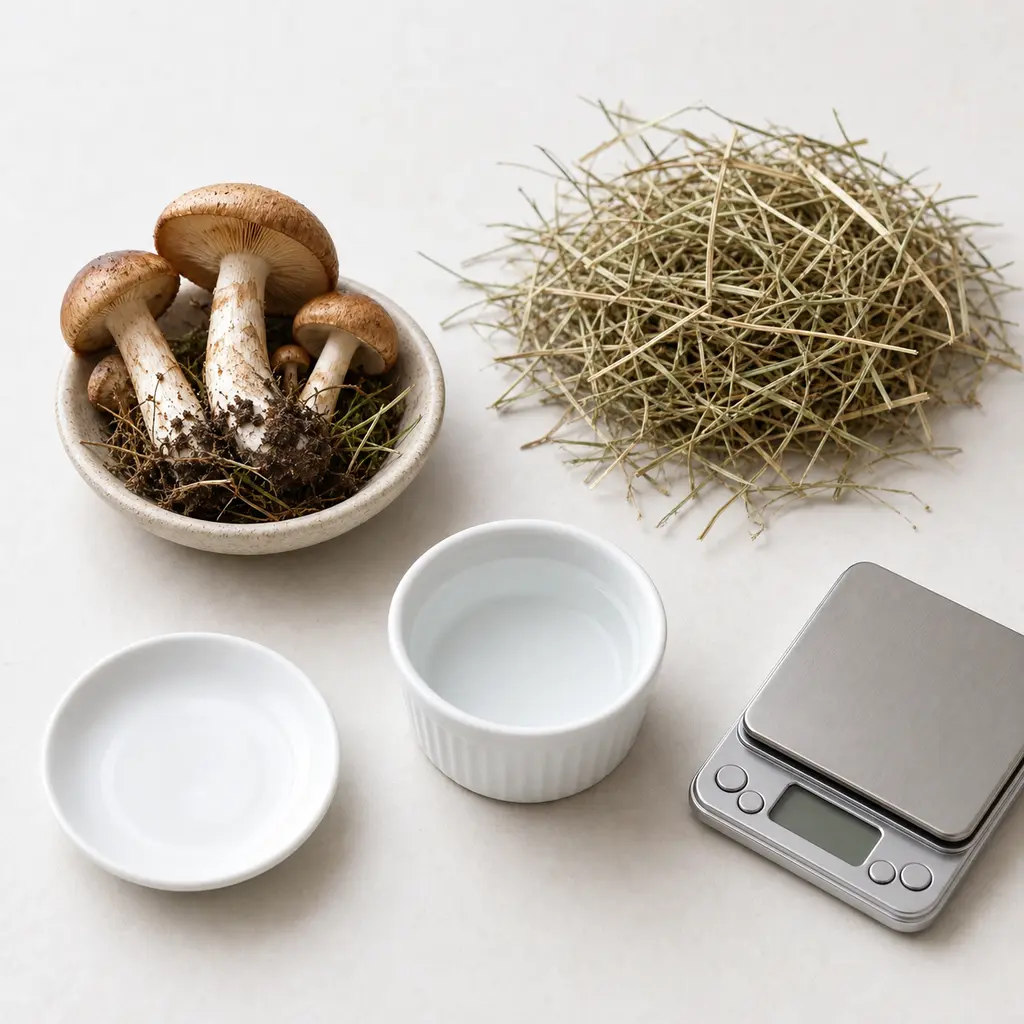 Wild mushrooms with soil kept away from an empty saucer, clean hay, water, and a gram scale.