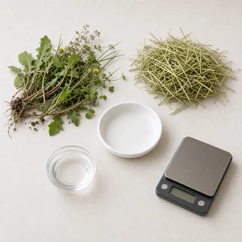 Mixed unknown wild plants and weeds with soil kept away from an empty saucer, hay, water, and a gram scale.