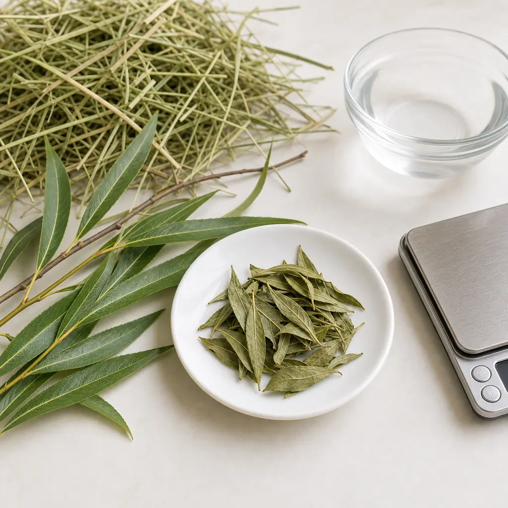 Tiny dried willow leaf pinch on a saucer beside clean willow leaves and twigs, hay, water, and a gram scale.