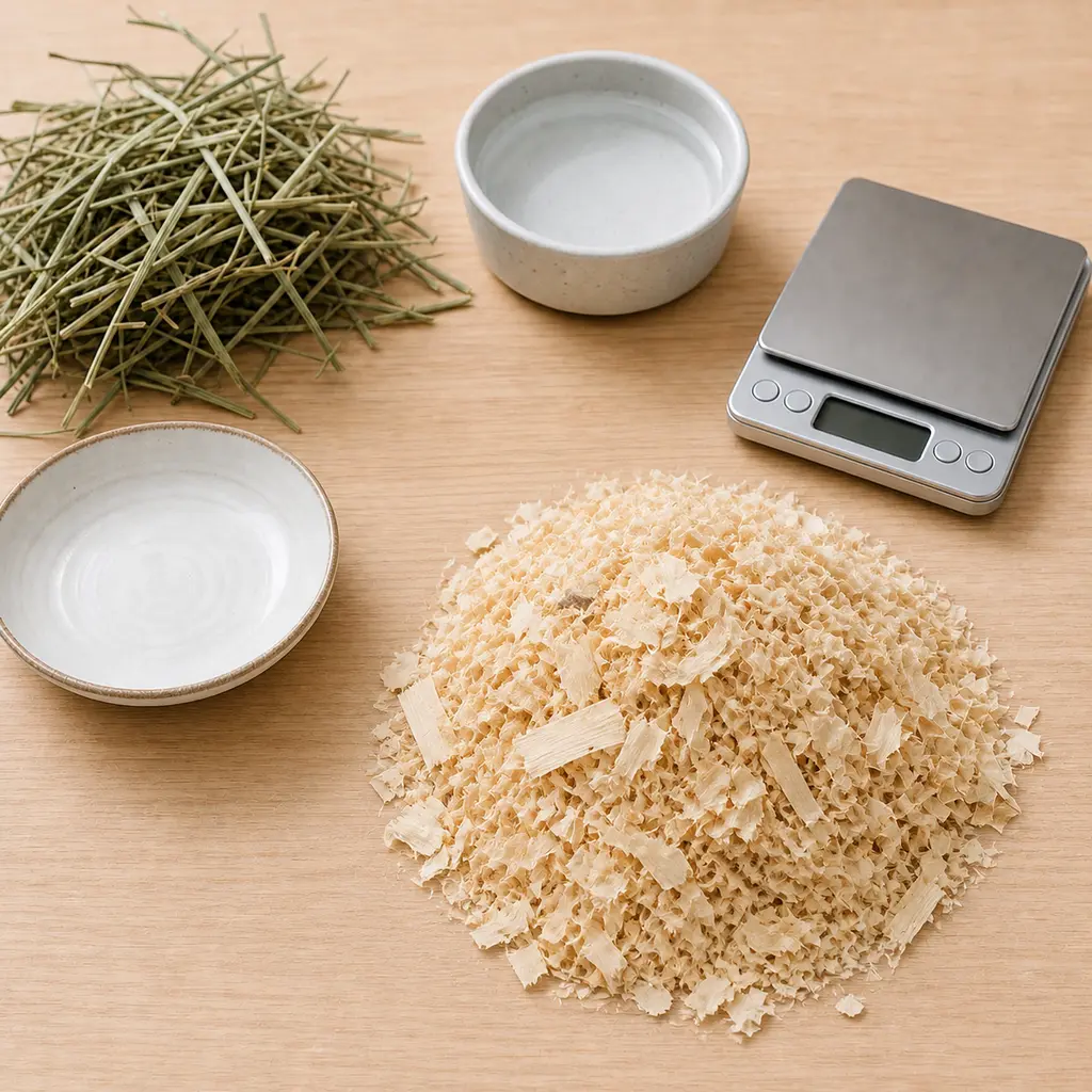 Plain wood shavings kept away from an empty saucer, hay, water, and a gram scale.