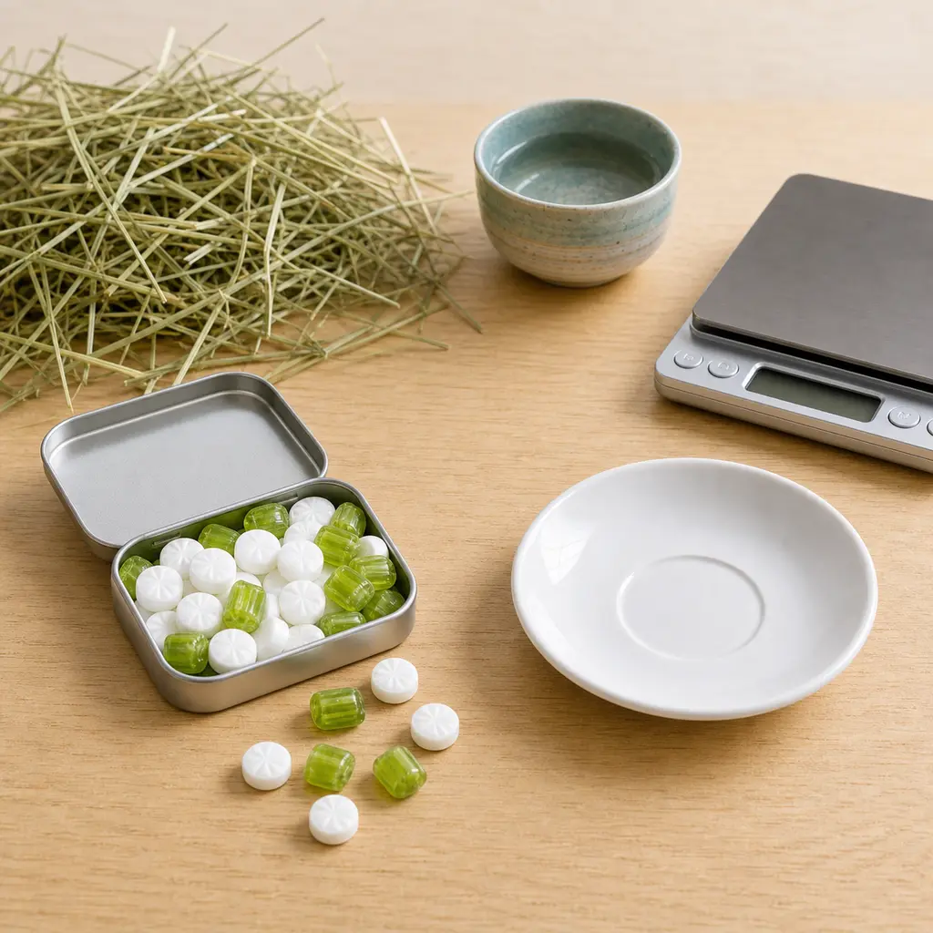 Unbranded mints and hard candies kept away from an empty saucer, hay, water, and a gram scale.