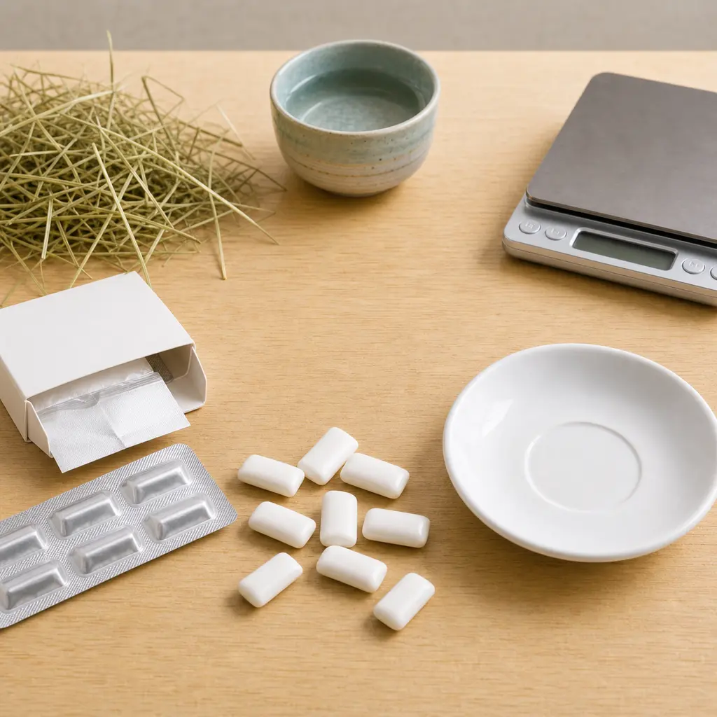Unbranded gum pieces and wrapper kept away from an empty saucer, hay, water, and a gram scale.