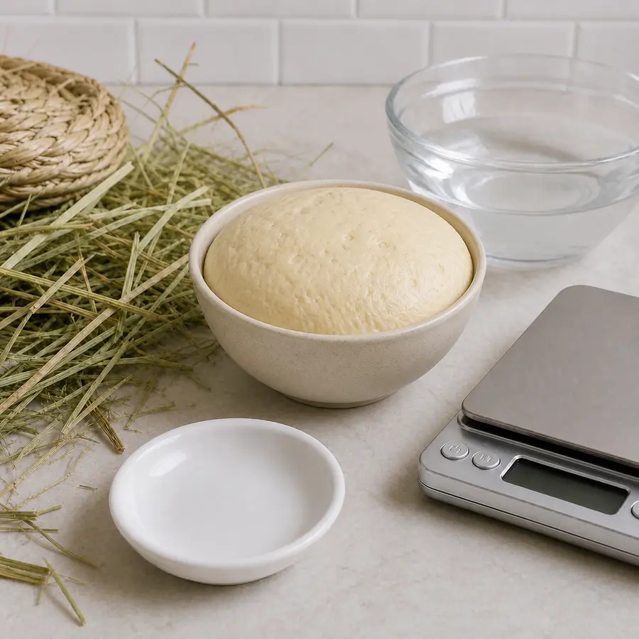 Rising yeast dough kept away from an empty saucer, hay, water, and a gram scale.