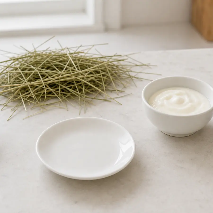 Small bowl of plain yogurt kept away from an empty saucer, hay, water, and a gram scale.