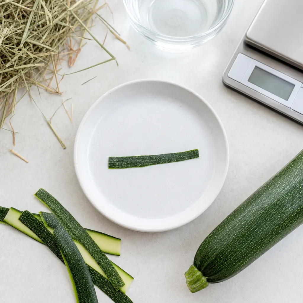 Tiny washed strip of zucchini peel on a saucer beside a fresh zucchini, peel strips, hay, water, and a gram scale.