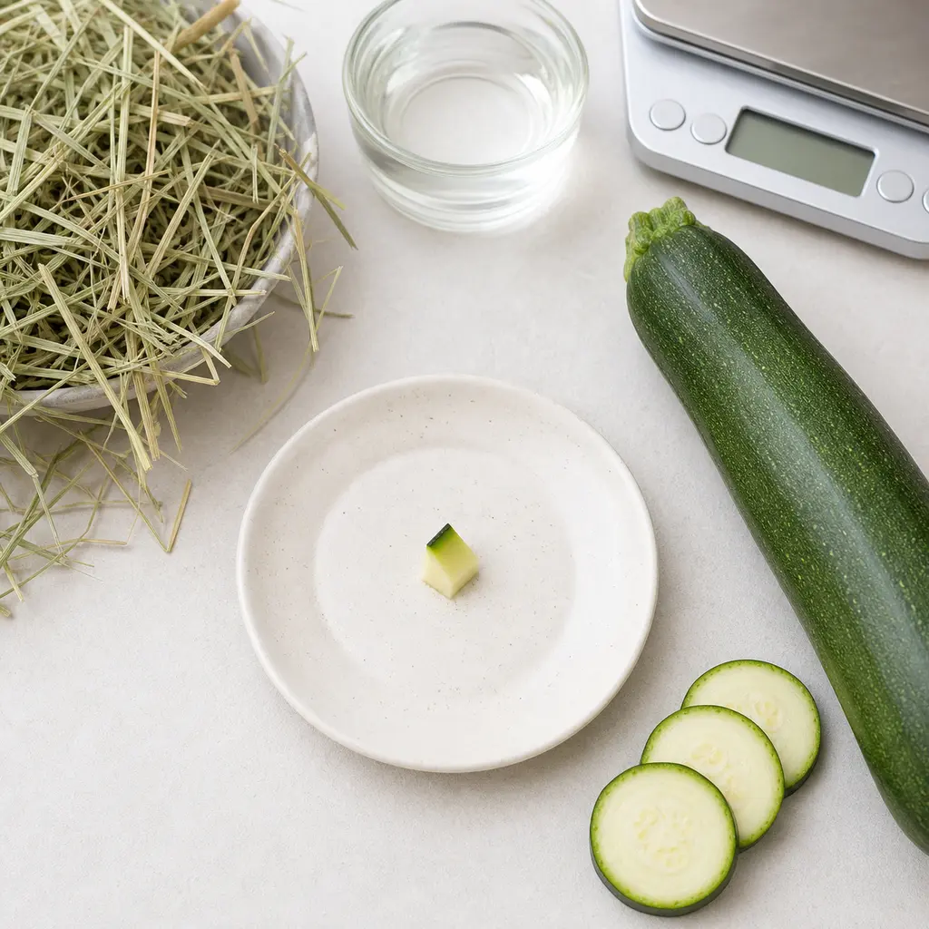 Tiny raw zucchini cube on a saucer beside a fresh zucchini, zucchini slices, hay, water, and a gram scale.