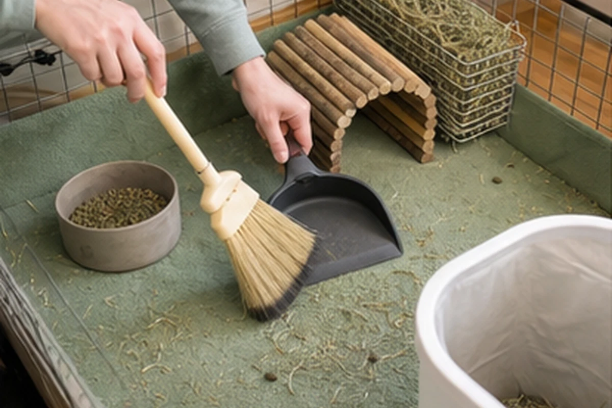 Daily guinea pig spot-cleaning setup with broom, dustpan, hay area, and waste bin