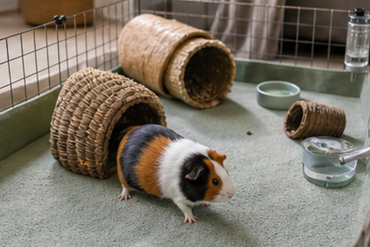 Supervised guinea pig floor-time pen with tunnel, hide, water, and traction