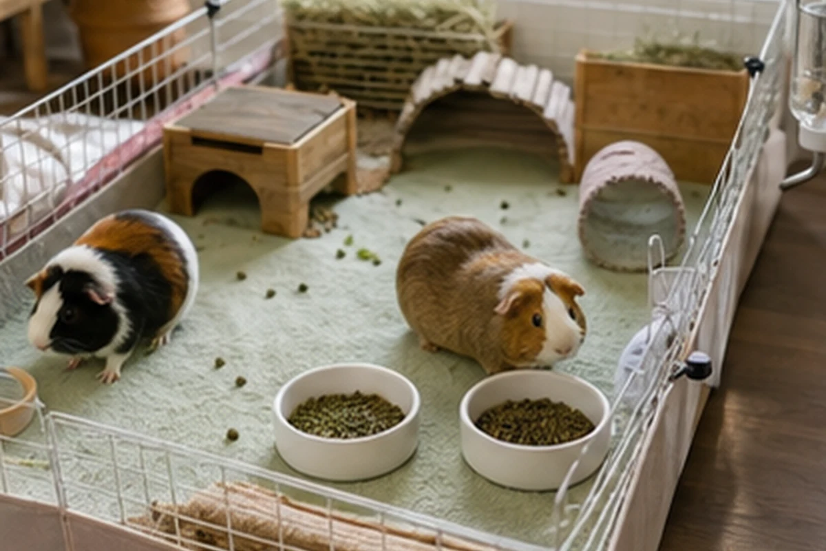 Pair-friendly guinea pig layout with two bowls, two hides, two hay areas, and two guinea pigs