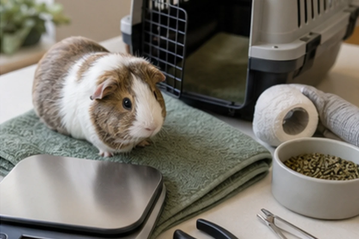 Guinea pig health and safety check setup with digital scale, carrier, pellets, and closed nail clippers