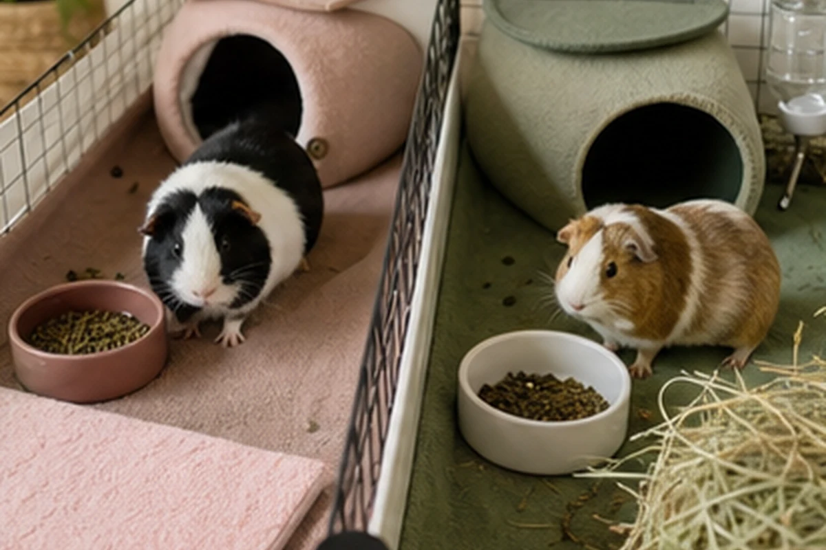 Two guinea pigs with two-exit hides, duplicate bowls, water, and hay areas