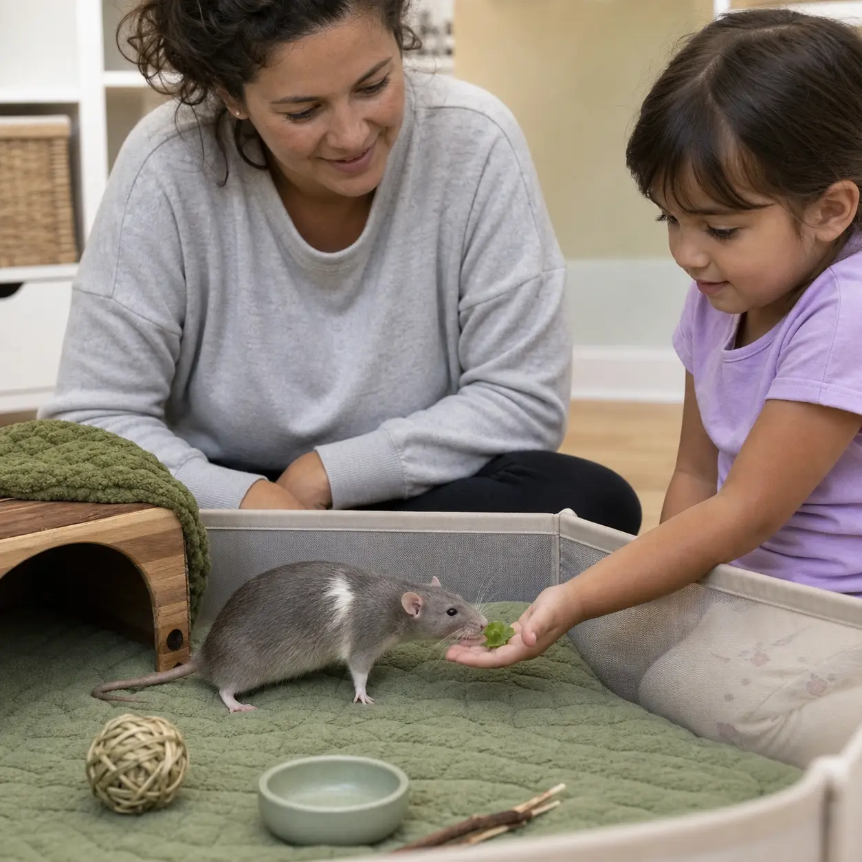 Adult-supervised child interaction in a low safe small mammal play area without gripping