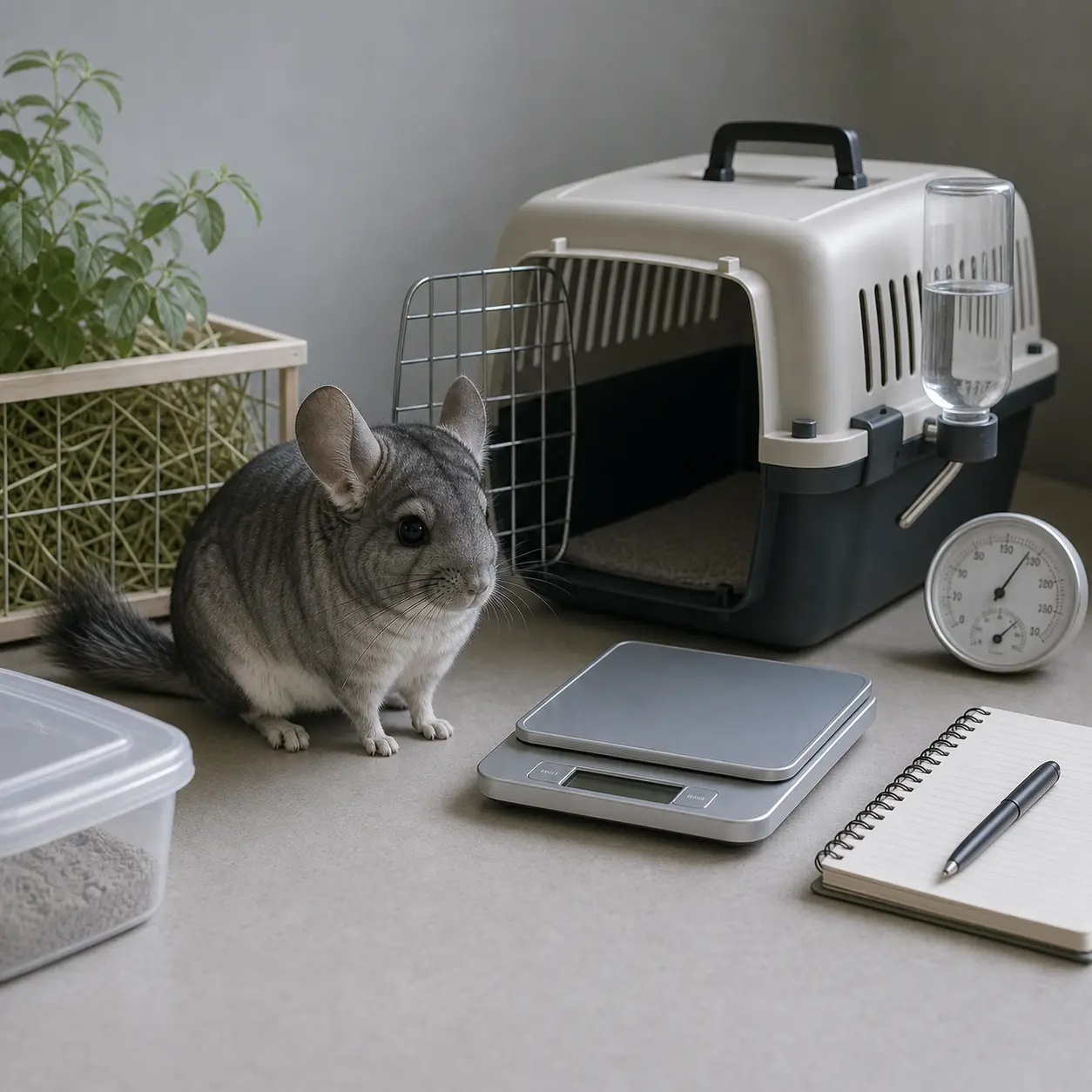 Small mammal health check setup beside unsafe food notes