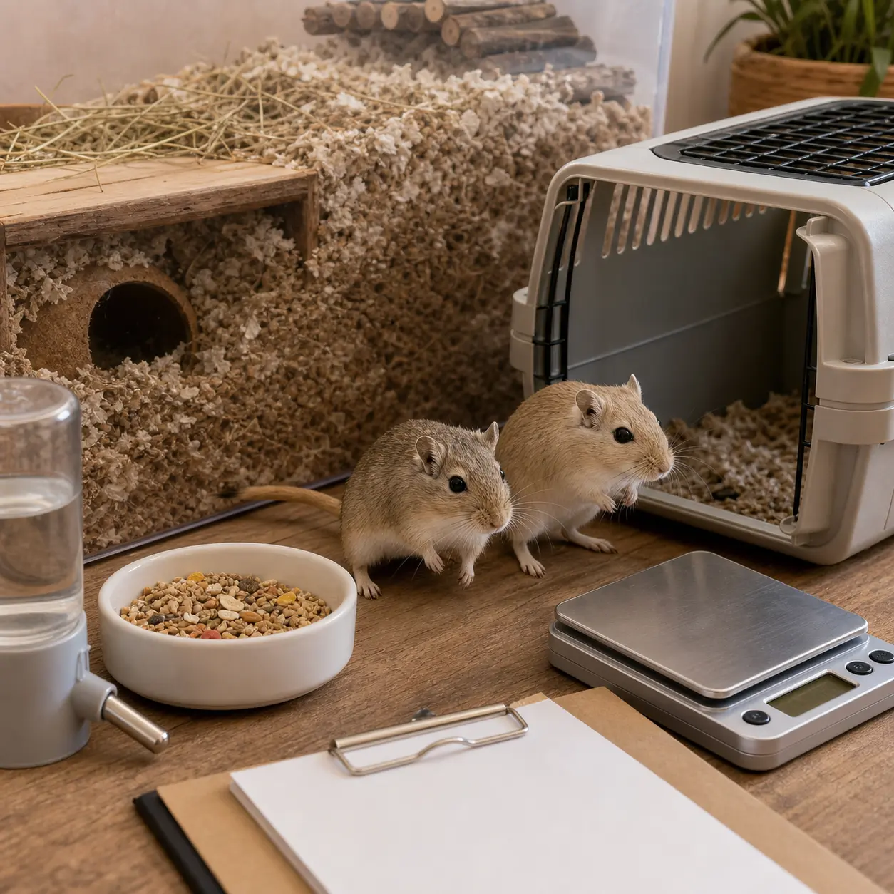 Gerbil health check setup with gerbil-safe carrier, gram scale, burrow habitat notes, water, and food records