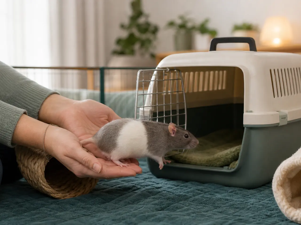 Small mammal calmly returning to a safe habitat after a short low handling session