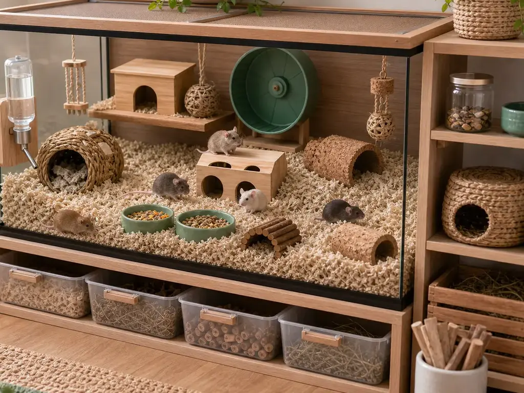 Mouse health check setup with a mouse-safe carrier, gram scale, food and water notes, and bedding records