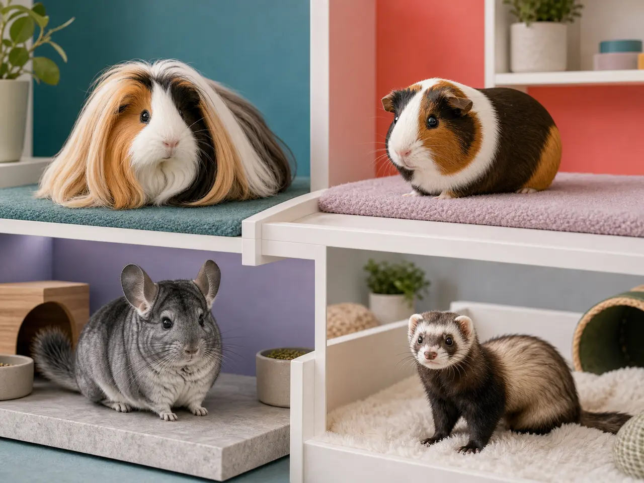 Long-haired guinea pig, short-haired guinea pig, chinchilla, and ferret in separate portrait spaces
