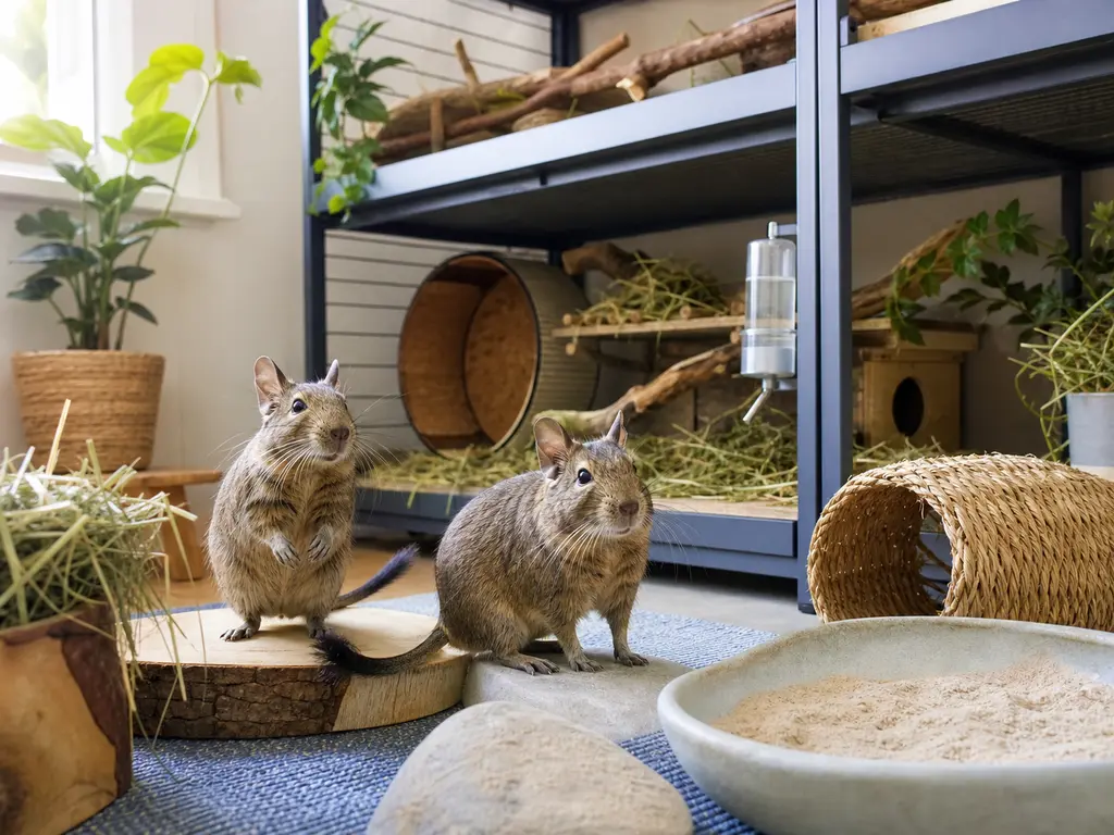Two degus in a large ventilated habitat with hay, solid shelves, chew-safe enrichment, and water