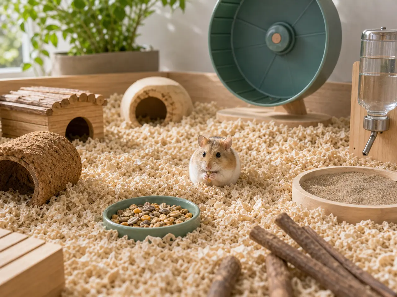 Dwarf hamster feeding setup with seeds and portion notes