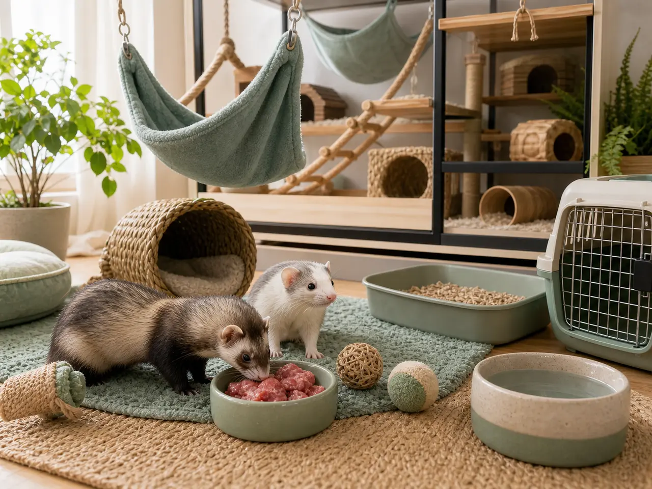 Ferret feeding setup with meat-based food notes