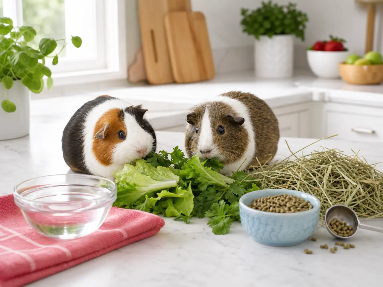 Small mammal food guide with hay, water, bowl, and scale with vegetables and feeding notes